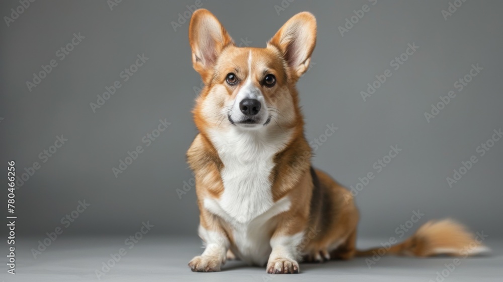 Cute Pembroke Welsh Corgi dog sitting in studio portrait with alert expression