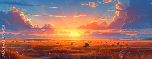 a group of animals in a field with a sunset