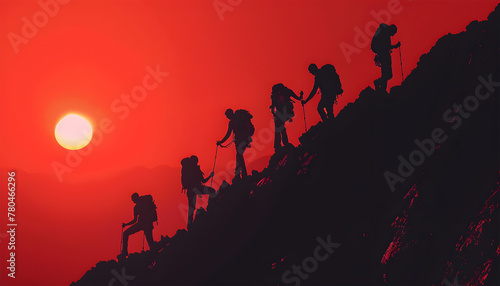 Group of people climbing on mountain with our sticks, silhouette with redish photo