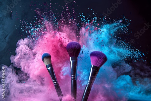 A picture of three make up brushes and pink an blue powder splashes behind the, with a black background, AI Generated. photo