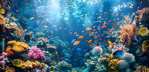 a group of fish swimming in a coral reef photo