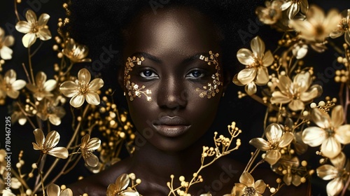 African girl body coverd with golden flowers on black background photo