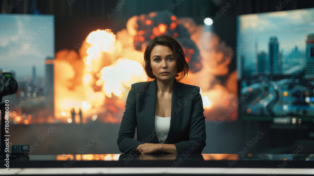 News Anchor Reporting on Industrial Catastrophe, A composed news anchor stands ready to report in a studio, with dramatic visuals of an industrial explosion in the background.