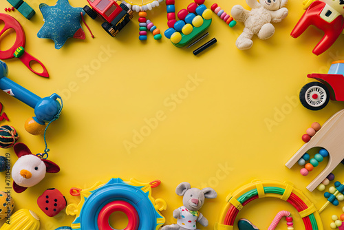 The background has colorful toys for children in a flat lay top view against a yellow background, Abstract frame of children's toys on a yellow background with copy space, in a flat lay top view 