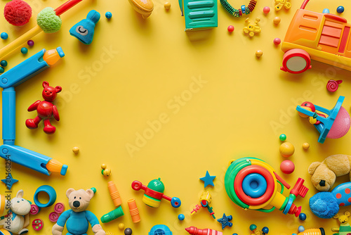 The background has colorful toys for children in a flat lay top view against a yellow background, Abstract frame of children's toys on a yellow background with copy space, in a flat lay top view 