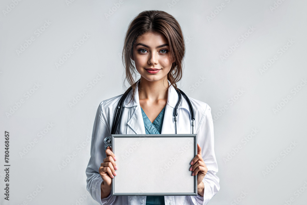 Woman Female Doctor or Nurse Holding Blank Sign on White Background for Copy Space Advertisement Woman Female Doctor or Nurse Holding Blank Sign on White Background for Copy Space Advertisement