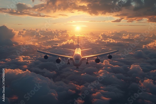 Aircraft soaring through clouds in the sky at sunset