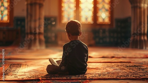 back side picture of a little boy pray the koran in a mosque