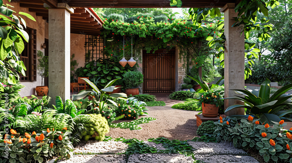 Tropical Garden Entrance, Exotic Flora Lining the Path to an Architectural Gem, Natures Welcome Tropical Garden Entrance, Exotic Flora Lining the Path to an Architectural Gem, Natures Welcome