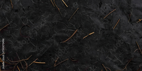  closeup texture of black paper with small twigs scattered across it, 