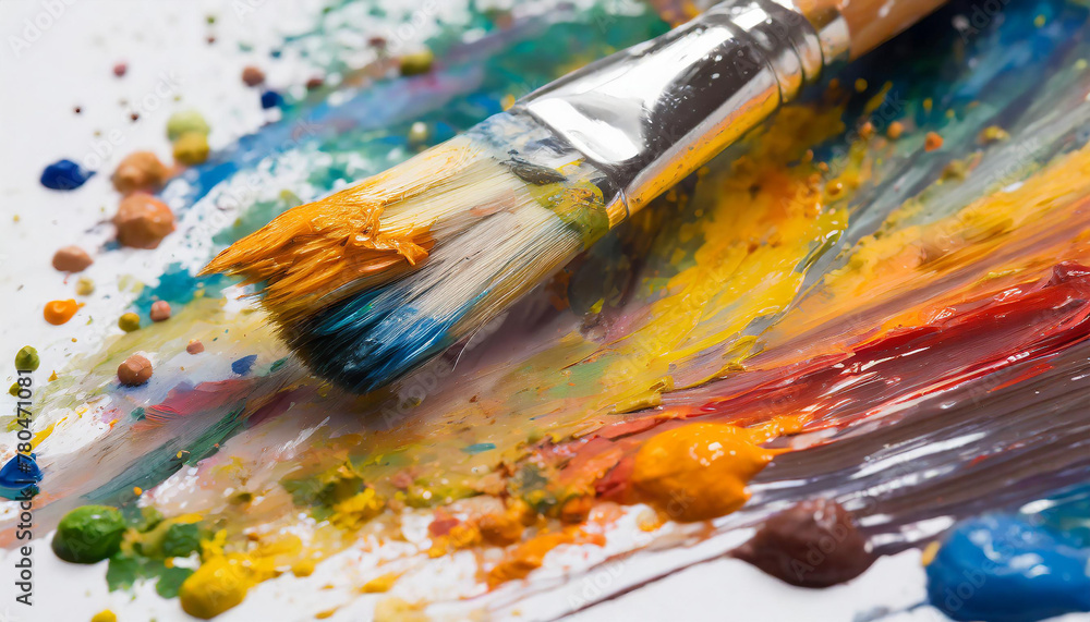 Close-up of brush with different colors of paint, strokes and splashes. Isolated on white Close-up of brush with different colors of paint, strokes and splashes. Isolated on white
