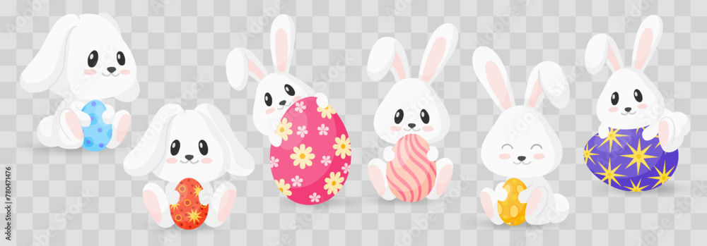 Easter bunny. Rabbit character set isolated on png backgraund. Cute rabbit or hare, spring festive animal concept. Cartoon holiday vector character