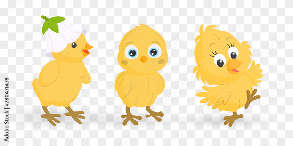 Fototapeta premium Easter chick. Chick character set isolated on png backgraund. Cute chick, spring festive animal concept. Cartoon holiday vector character