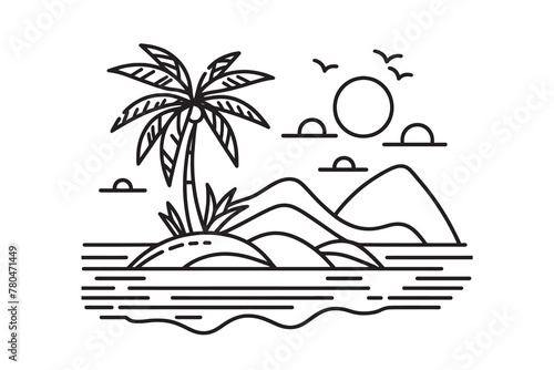 Single continuous line art of island with palm tree. Tropical Desert Island Landscape Design, Vector Illustration Drawing.