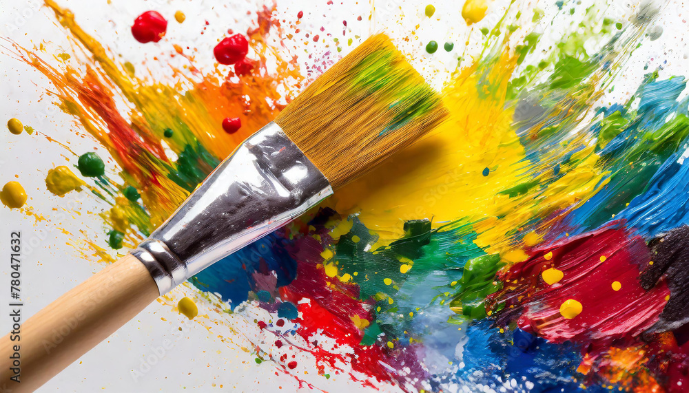 Close-up of brush with different colors of paint, strokes and splashes. Isolated on white