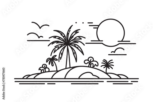 Single continuous line art of island with palm tree. Tropical Desert Island Landscape Design, Vector Illustration Drawing.