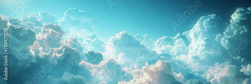 blue sky with clouds and sun, white fluffy clouds on blue sky background, banner photo