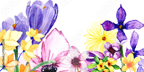 Fototapeta Naklejka Na Ścianę i Meble -  Sfondo floreale con fiori ad acquerello viola e gialli