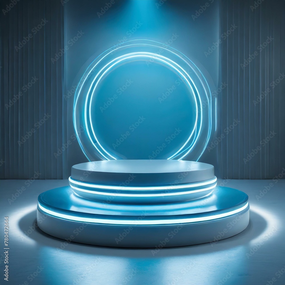 3D light neon blue podium, casting a mesmerizing glow in an empty room. Background wallpaper 3d rendering texture 3D light neon blue podium, casting a mesmerizing glow in an empty room. Background wallpaper 3d rendering texture