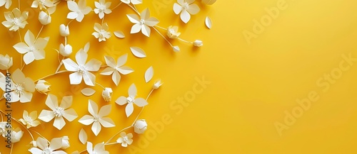 Vibrant floral arrangement set against a sunny yellow backdrop, evoking the freshness of spring and the warmth of summer. Captured in a flat lay composition with ample copy space, perfect for illustra photo