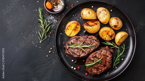 black plates with grilled beef steaks and potatoes top view, cut out on dark background