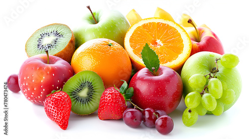 Heap of fresh different fruits   green grape  apple  strawberry  kiwi  orange fruit   isolated on white background.Summer seasonal juicy fruits and  isolated.