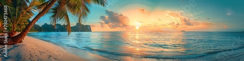 Tranquil Dawn, Scenic Panorama of Palm-Adorned Paradise Beach with Serene Ocean