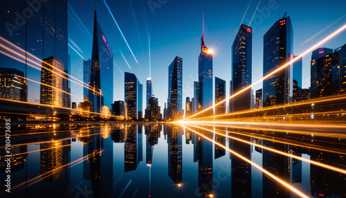 A futuristic nightscape of a modern city skyline with towering skyscrapers reflected in calm waters, illuminated by vibrant lights and streaks of motion photo