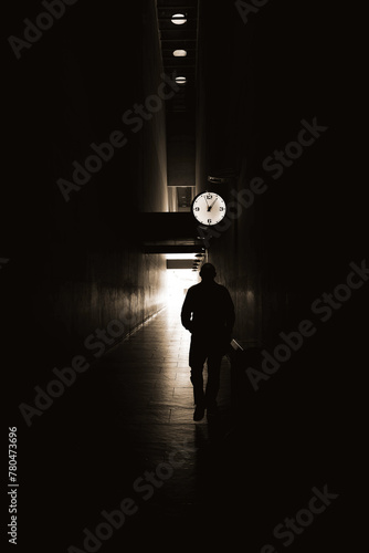 A man walks down a dark hallway with a clock on the wall