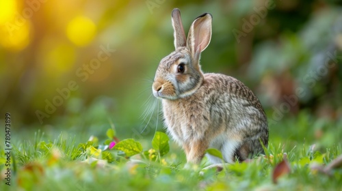 Wildlife rabbit with fluffy fur and long ears sitting in green grass outdoors