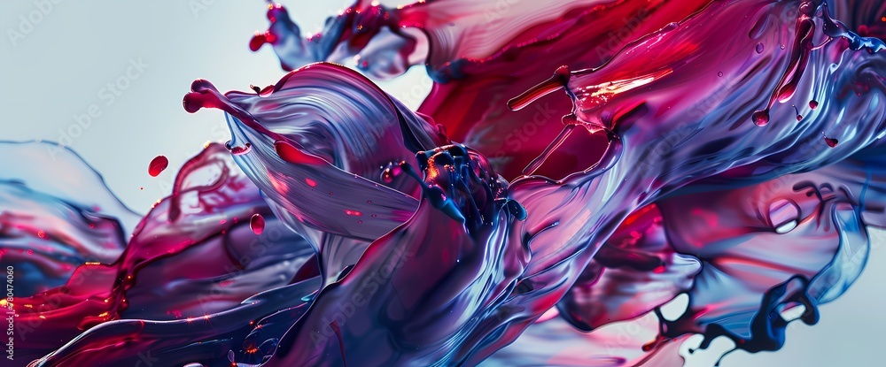 A cascade of ruby red and sapphire blue collides in a dynamic explosion, capturing the essence of vivid fluidity.