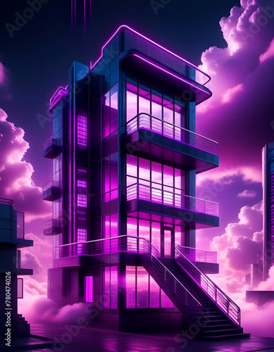 Building in night, cyberpunk style illustration. Modern building, purple toned  