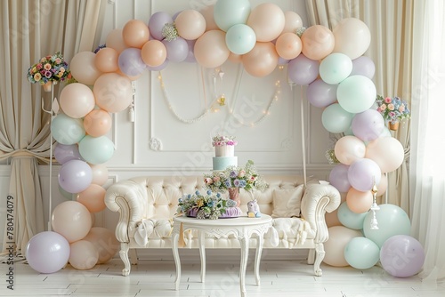 Birthday room interior decorated with balloons, pinatas, ribbons and garland. Elegant joyful decoration of living room. Birthday party. Table with birthday cake. Festive furniture, holiday ambience