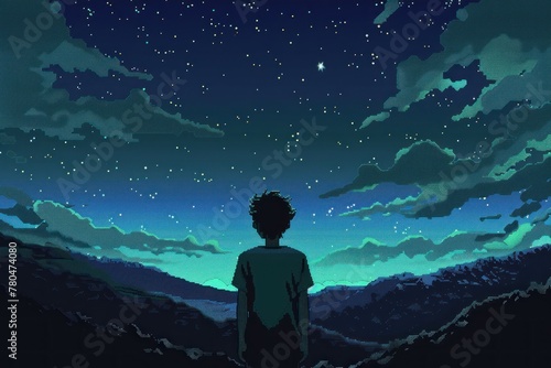 beautiful person looking up at the hills with the night sky above him photo