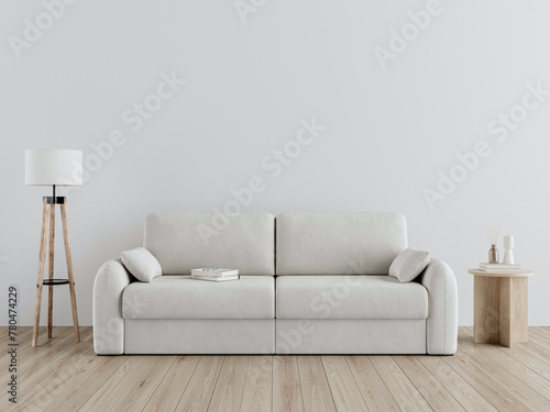 A living room with a sofa and a table with a plant on it. Decorated home mockup with free space. 3d illustration, 3d rendering. 