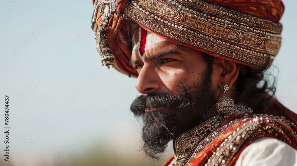 Rajput warrior in traditional turban and Indian culture costume displays historical royalty in portrait