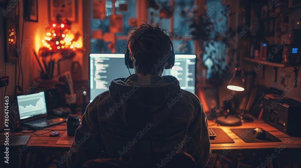 Person at a desk with multiple screens in a cozy, dimly lit room filled with technology.