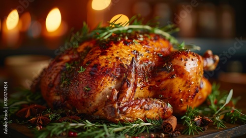 Rotisserie Chicken on a rustic wooden board, garnished with fresh herbs, exuding a warm, festive atmosphere with a backdrop of soft lighting and holiday decor.