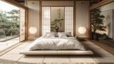 Traditional Japanese Bedroom Interior with Zen Garden View
