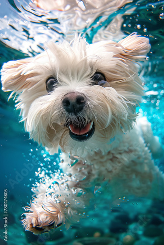 Happy White Dog Swimming Underwater