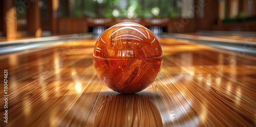 Bowling ball rolling down the center of an empty wooden bowling alley, leaving behind its trail in slow motion.
