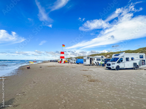 Cars and campervans at the beach at Blokhus, Denmark.