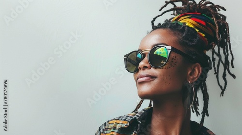 portrait of a rasta woman with sunglasses on white background photo