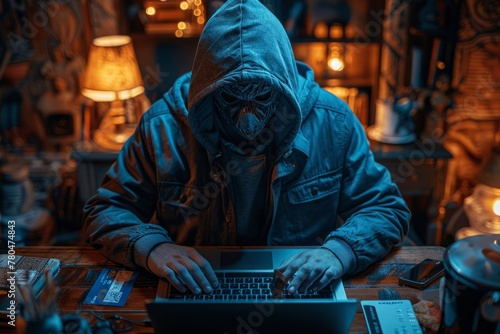 Hooded figure typing on a laptop in a dark, moody room with a blue hue.