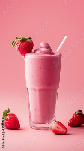 Strawberry smoothie in a tall glass, vividly capturing the refreshing essence and rich, creamy texture of blended strawberries, presented against a contrasting background to emphasize its vibrant pink