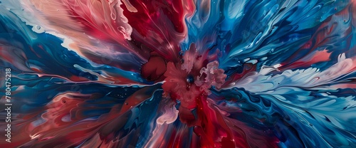 A cascade of ruby red and sapphire blue collides in a dynamic explosion  capturing the essence of vivid fluidity. 