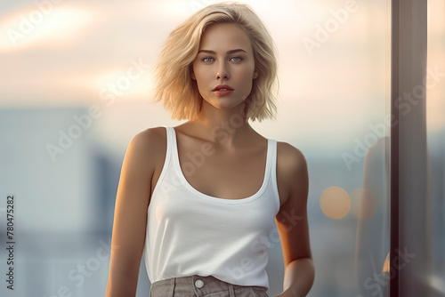 A blonde woman is standing in front of a window, wearing a white tank top and khaki pants photo
