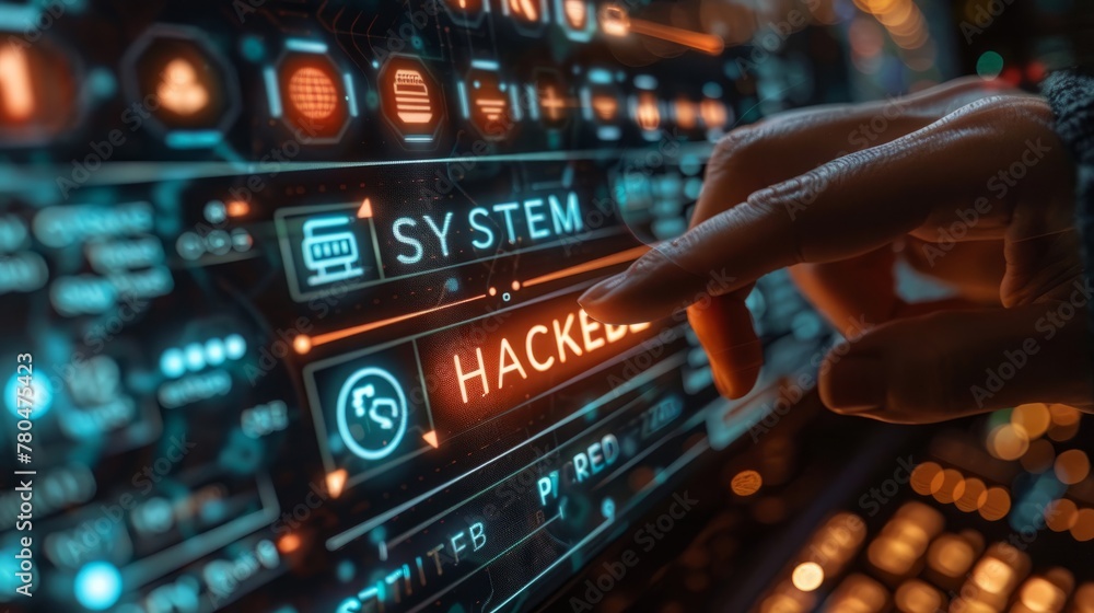 Finger pointing to a digital screen with the word HACKER highlighted amidst other tech symbols.
