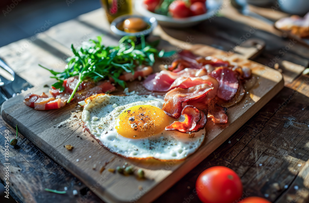 a sunny breakfast with eggs, bacon, and greens on a wooden board, surrounded by tomatoes and condiments