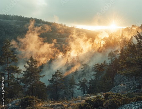 Sun rising over a misty pine forest on top of a rocky hill in a Scandinavian landscape, with steam coming from the ground.